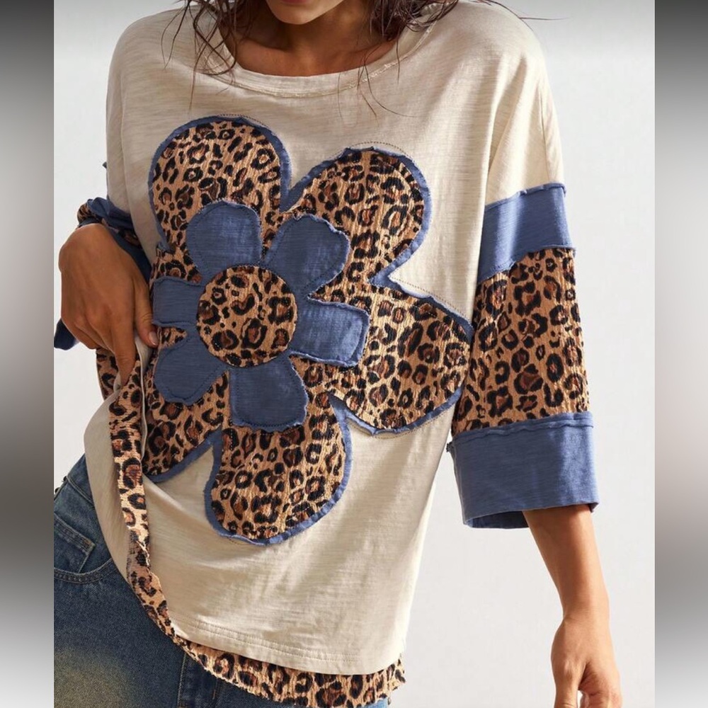 Leopard Print Flower Patchwork too big floral blue cream brown
